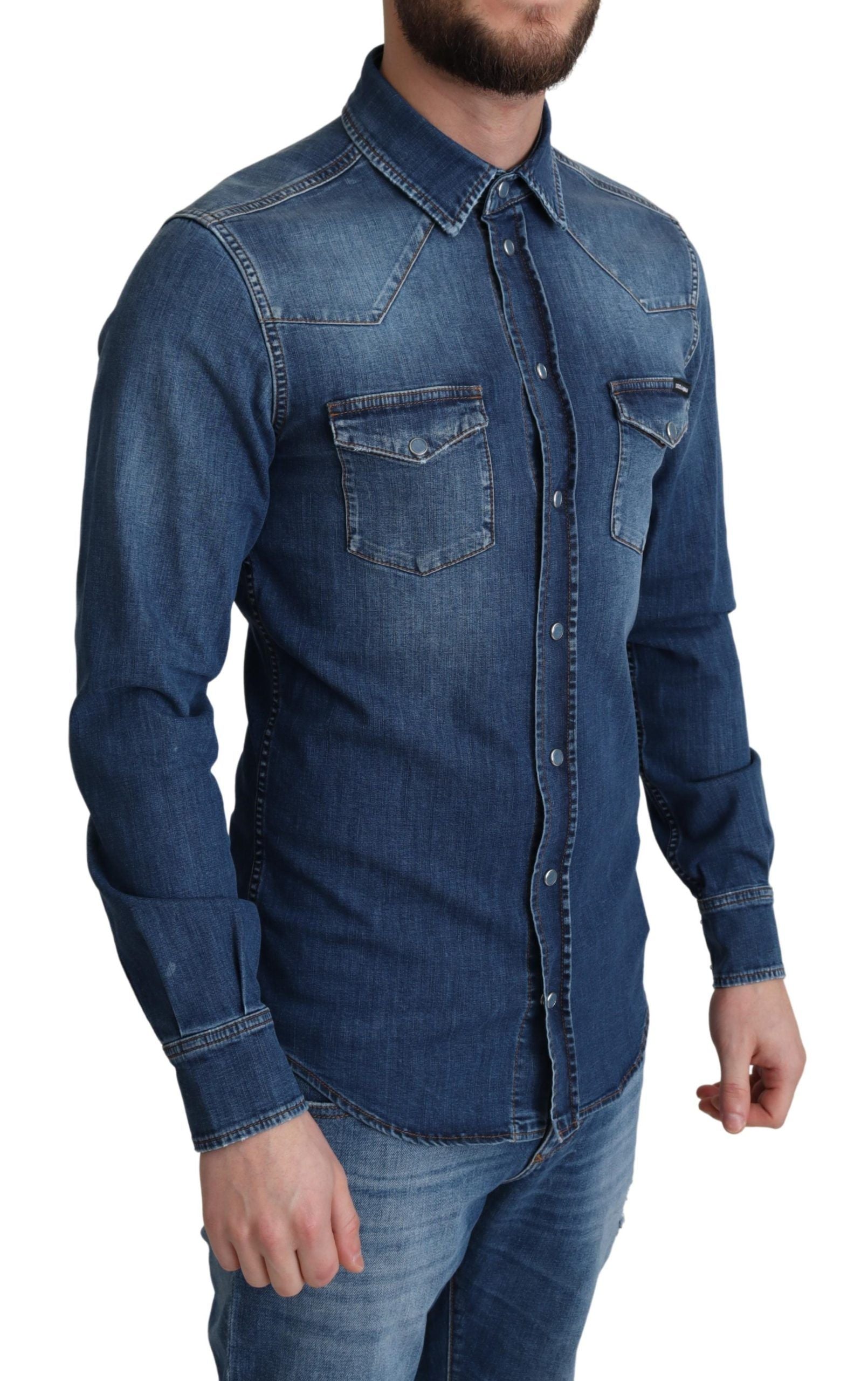 Dolce & Gabbana Mavi pamuklu streç denim gömlek, uzun kollu